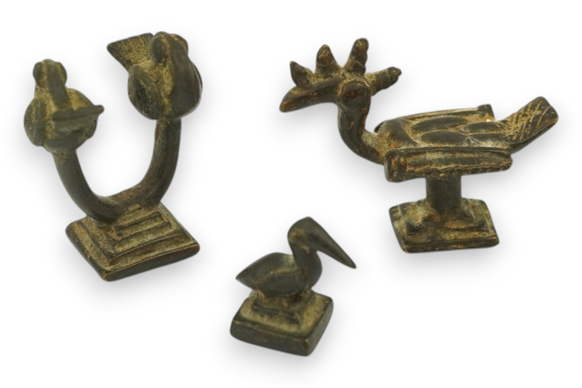 Three African bronze ‘bird’ gold weights, largest 6cm wide. Condition - good